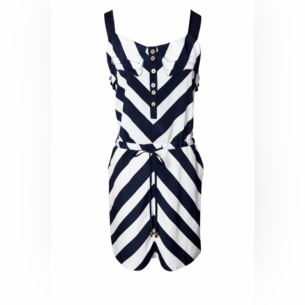 Cache Navy White Chevron Stripe Mini Dress Nautical‎ Tie Waist- Small